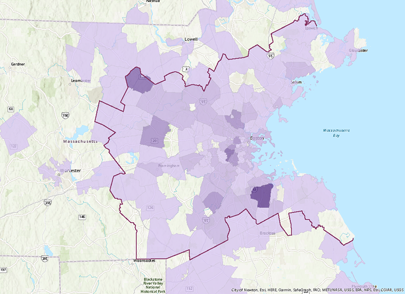 Map depicting the geographic distribution of survey responses (by zip code) for all FFY 2023 surveys. Most responses, including areas with higher concentrations of responses, are within the MPO region, although some survey responses on the map fall outside of the MPO region boundary. The map depicts the highest concentrations of responses (75 to 250) in Braintree, Littleton, Brookline, Sudbury, Norwood, Medford, and Boston, with responses of varied concentrations (up to 75) throughout the region. The map also shows some areas in the region with no responses. Map depicting the geographic distribution of survey responses (by zip code) for all FFY 2023 surveys. Most responses, including areas with higher concentrations of responses, are within the MPO region, although some survey responses on the map fall outside of the MPO region boundary. The map depicts the highest concentrations of responses (75 to 250) in Braintree, Littleton, Brookline, Sudbury, Norwood, Medford, and Boston, with responses of varied concentrations (up to 75) throughout the region. The map also shows some areas in the region with no responses.